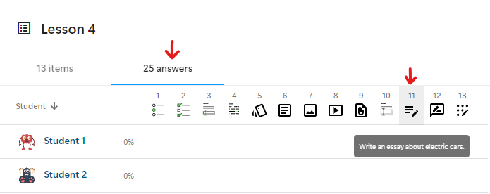 Answers table - click question number