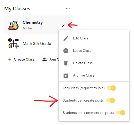 Class edit - class settings menu